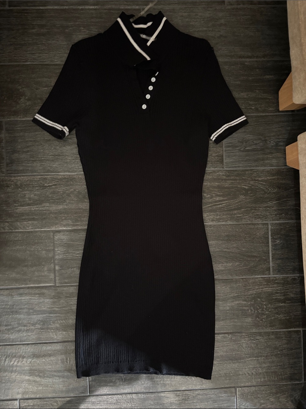 Black Ribbed Polo Mini Dress with White Trim